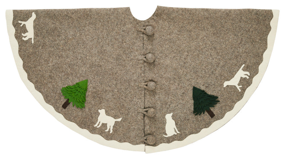 Cream Dogs and Green Trees Christmas Tree Skirt on Gray in Hand Felted Wool - 60