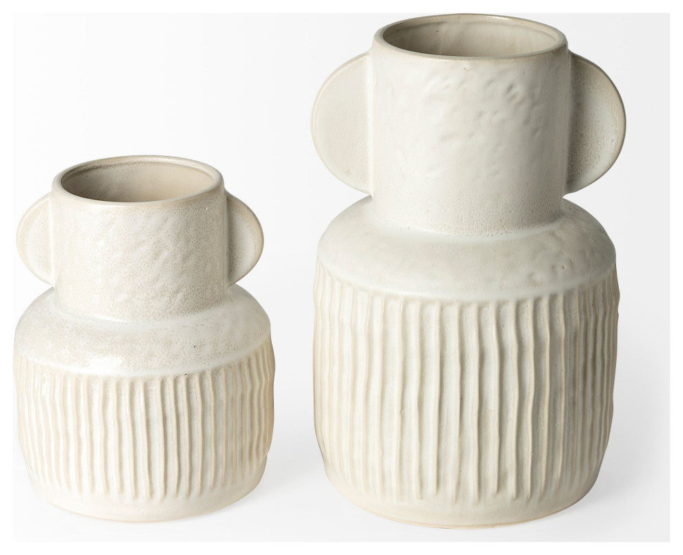 8" Whitewash Handled Textured Ceramic Vase