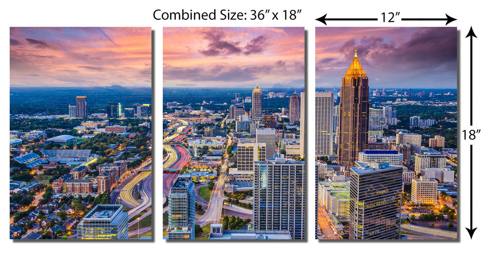 Atlanta, Georgia Skyline Metal Print Wall Art, 3 Panel Split, Triptych, 36x18