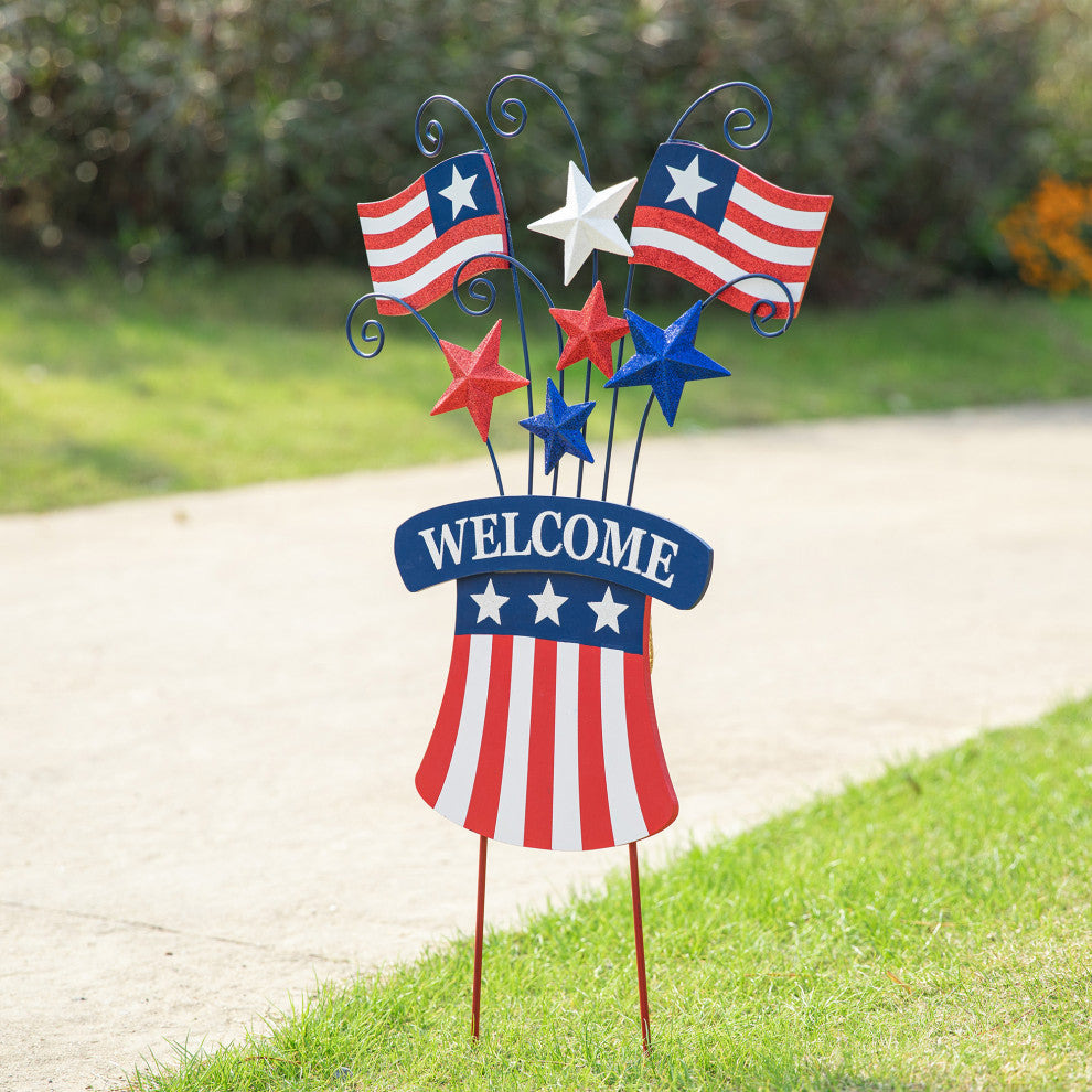 30.25"H Wooden/Metal Patriotic Flags Yard Stake/Wall Decor