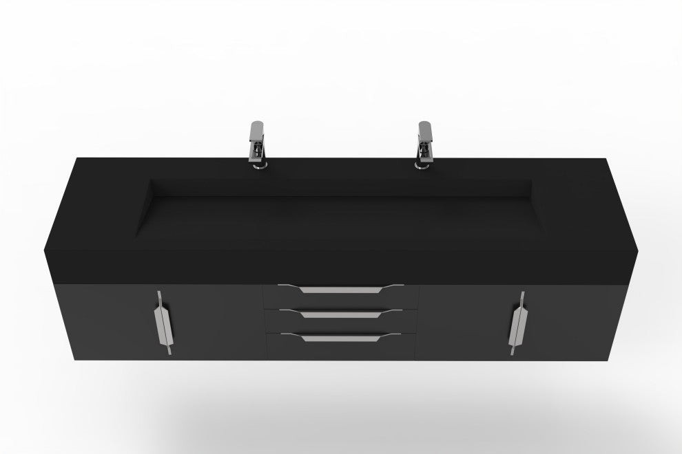 CastelloUSA Nile 72" Wall Mounted Bathroom Vanity Set, Black, Black Top, Chrome Handles