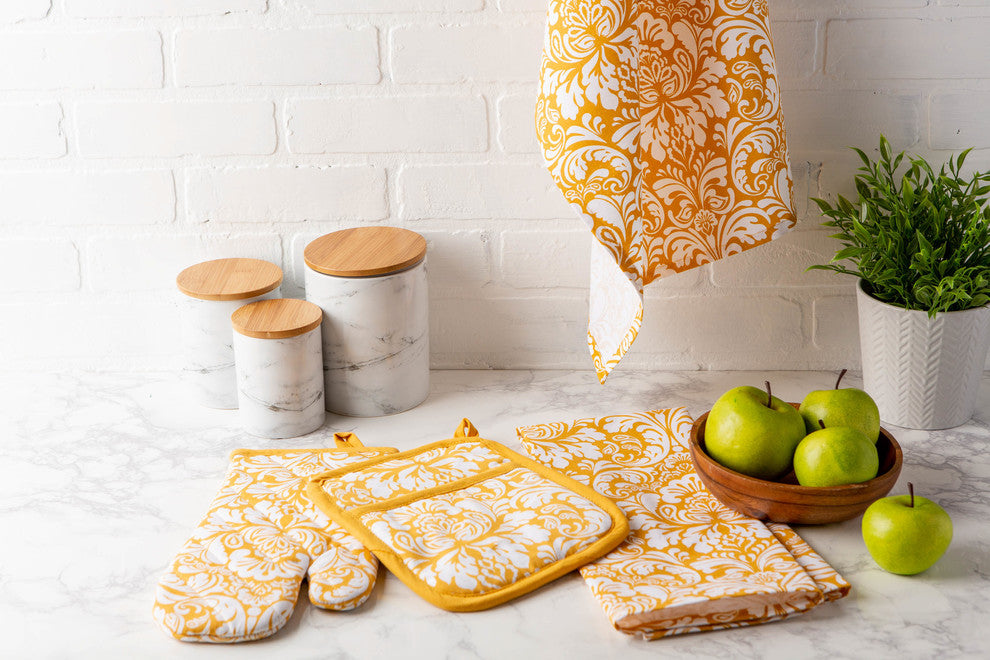 Mustard Damask Oven Mitt & Potholder Set