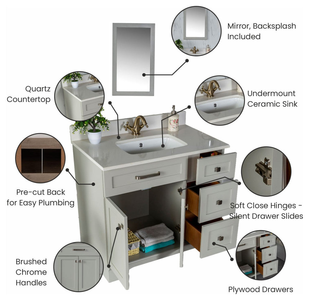Livia Collection 36" Bathroom Vanity With Sink, Mirror, Countertop, Gray