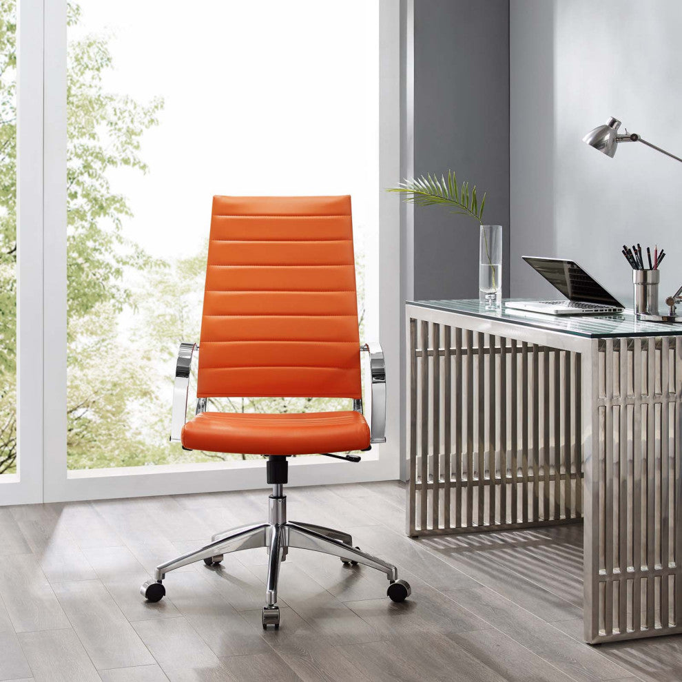 Computer Work Desk High Back Chair, Faux Leather, Orange, Home Business Office