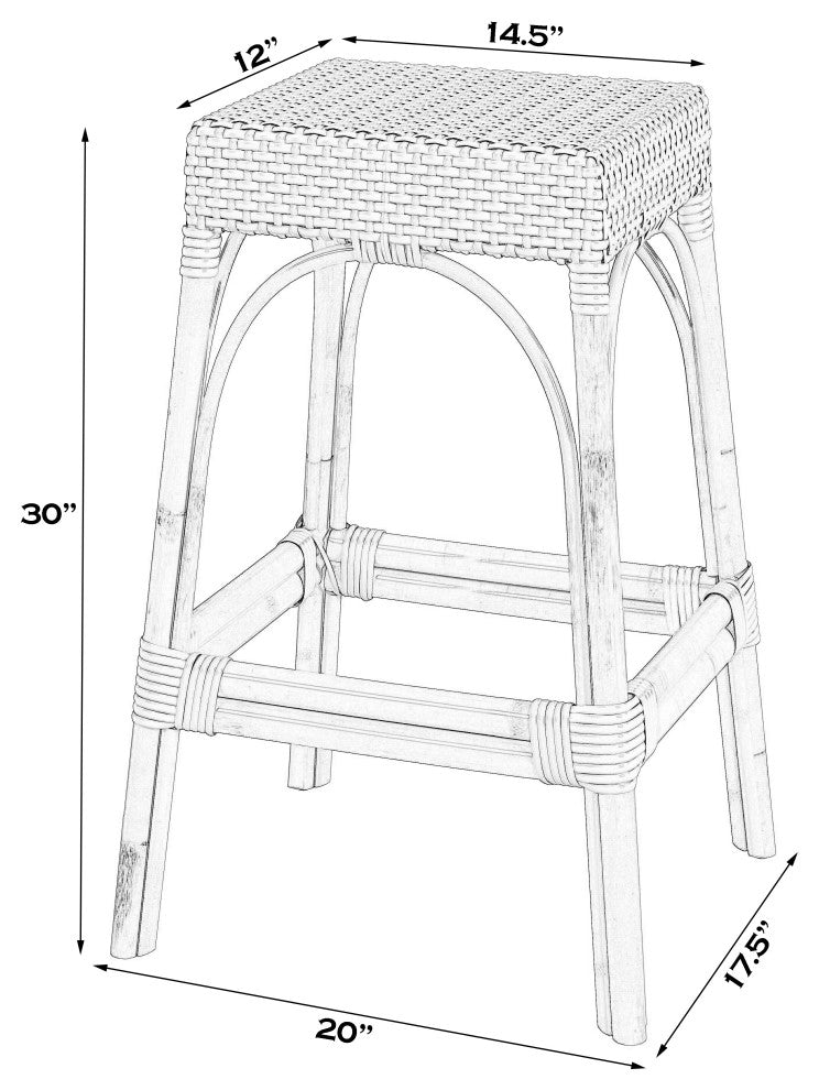 Tobias 30" Rectangular Rattan Barstool, Light Blue