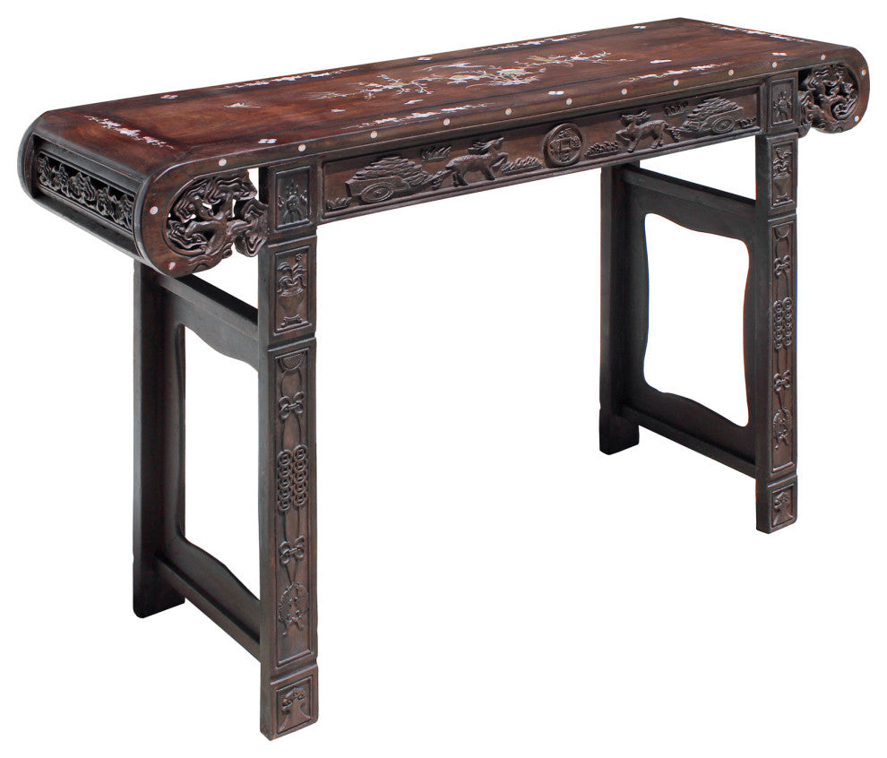 Chinese Brown Huali Rosewood Scroll Inlay Deer Fortune Motif Altar Table Hcs4227