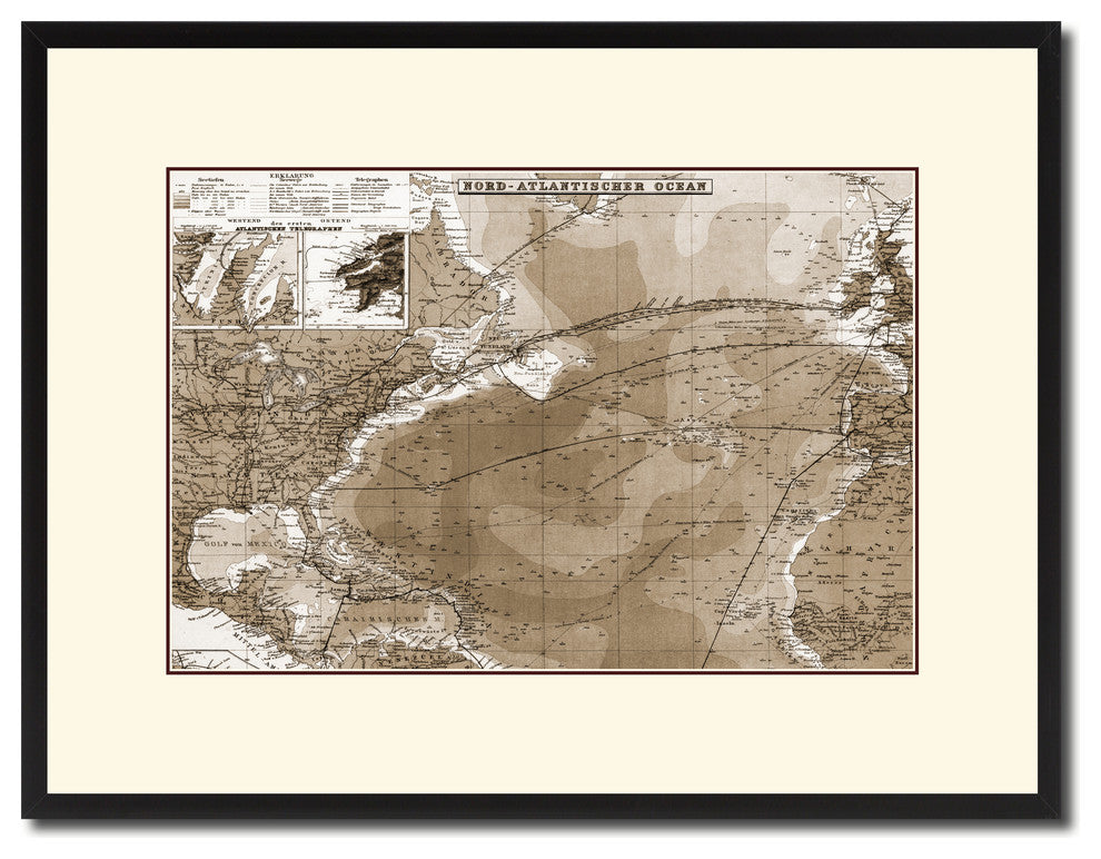 North Atlantic Telegraph Lines Stieler Vintage Sepia Map Canvas Print, 16"x21"