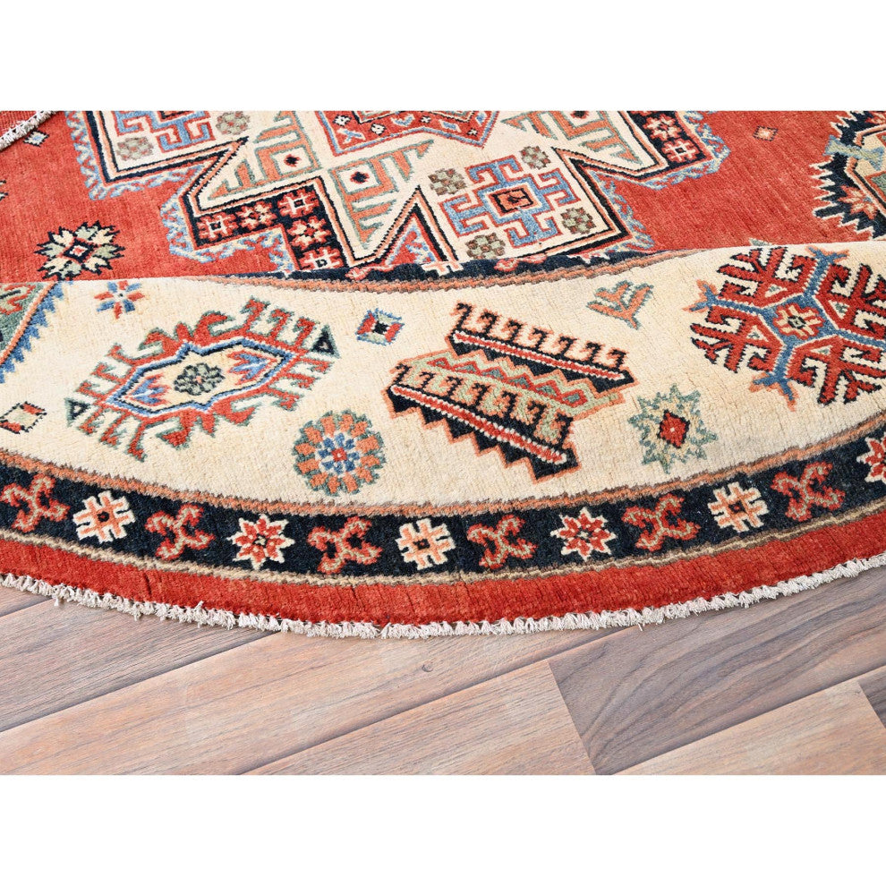 Red, Special Kazak, Pure Wool, Hand Knotted, Round Oriental Rug, 8'x7'9"