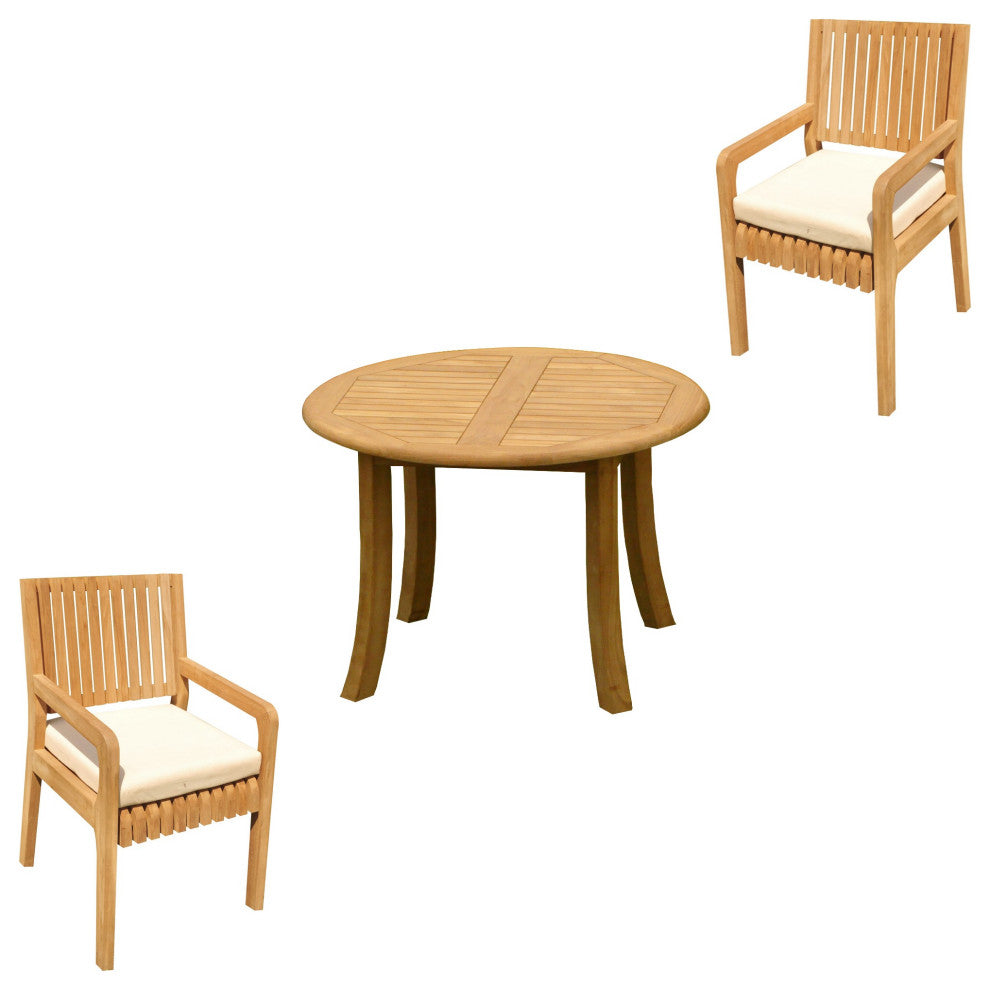 3-Piece Outdoor Patio Teak Dining Set: 36" Round Table, 2 Maldives Arm Chairs