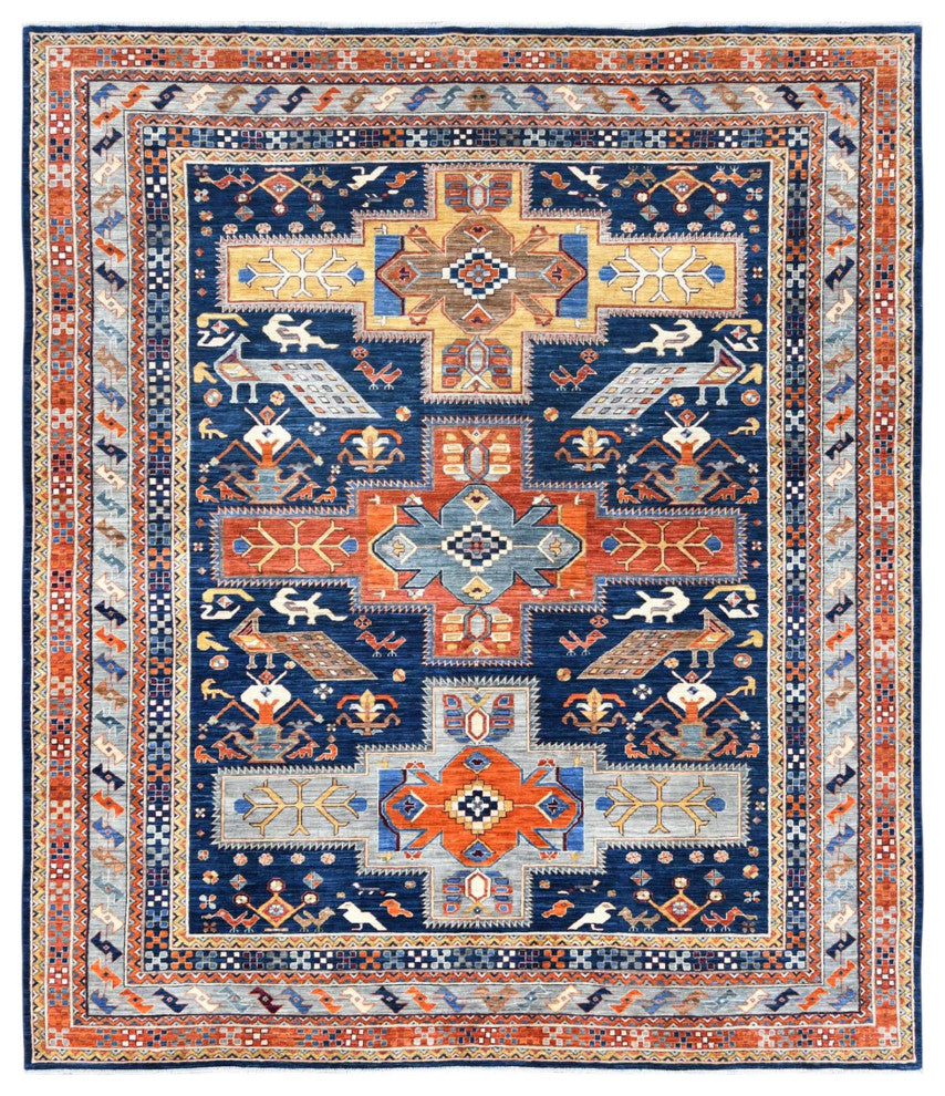 Navy Blue, Wool Hand Knotted, Armenian Inspired Design 200 KPSI Rug, 8'4"x9'7"