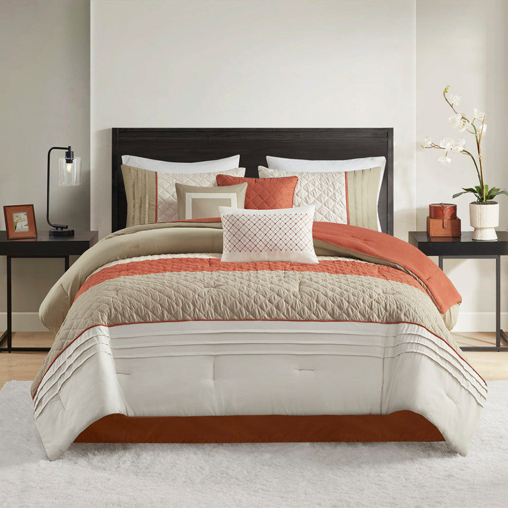 Madison Park Jenson 7 Piece Color Block Stripe Comforter Set With Throw Pillows