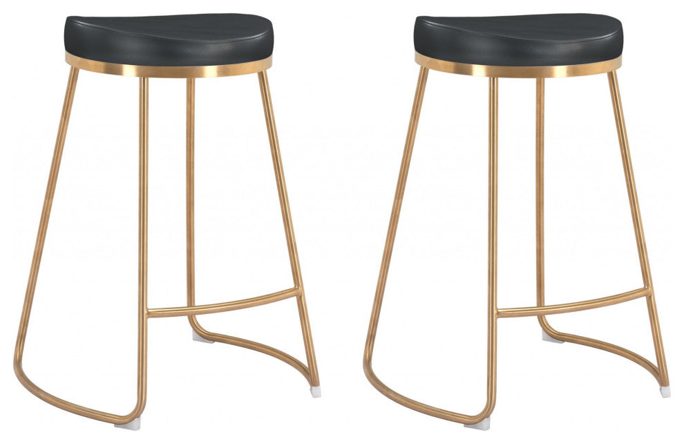 Set of Two Black and Gold Modern Glam Geo Backless Counter Stools