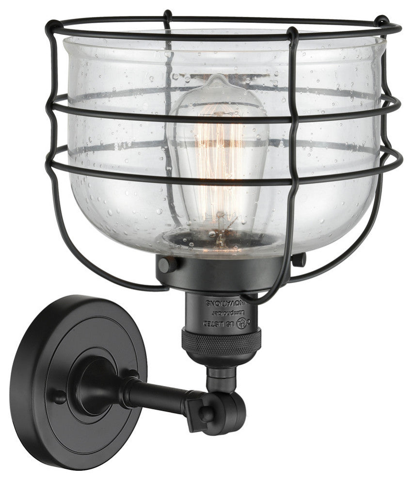 1-Light Large Bell Cage 8" Sconce, Matte Black, Glass: Seedy