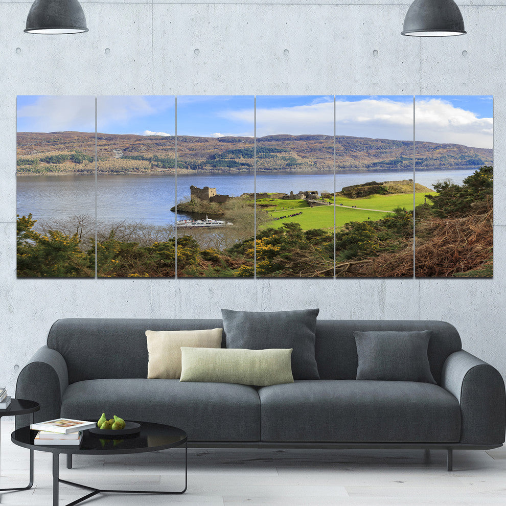 Lago Ness and Urquhart Castle, Landscape Canvas Art Print, 70"x28", 6 Panels