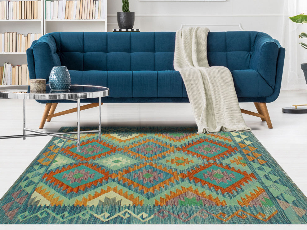 Sangat Kilim Theadore Rust/Light Green Rug, 4'2x5'7