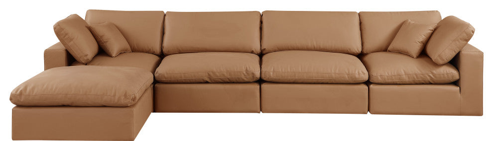 Comfy Upholstered L-Shaped Modular Sectional, Cognac, 5-Piece: 2 Armless Chair, 2 Corner Chair, 1 Ottoman, Vegan Leather