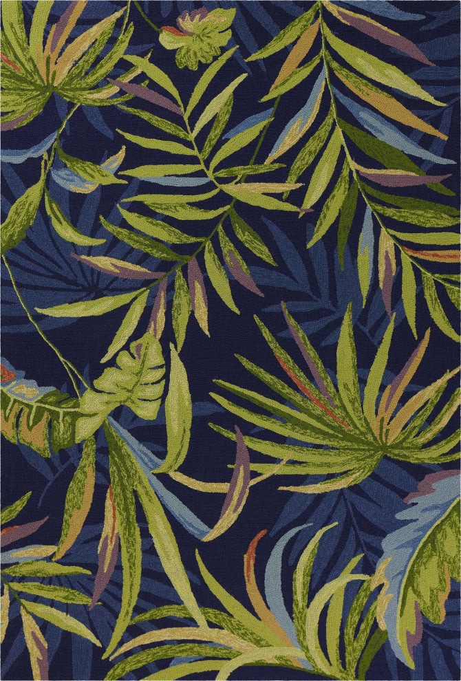 HomeRoots 5' x 7' Ink Blue Tropical Leaves UV Treated Indoor Outdoor Area Rug