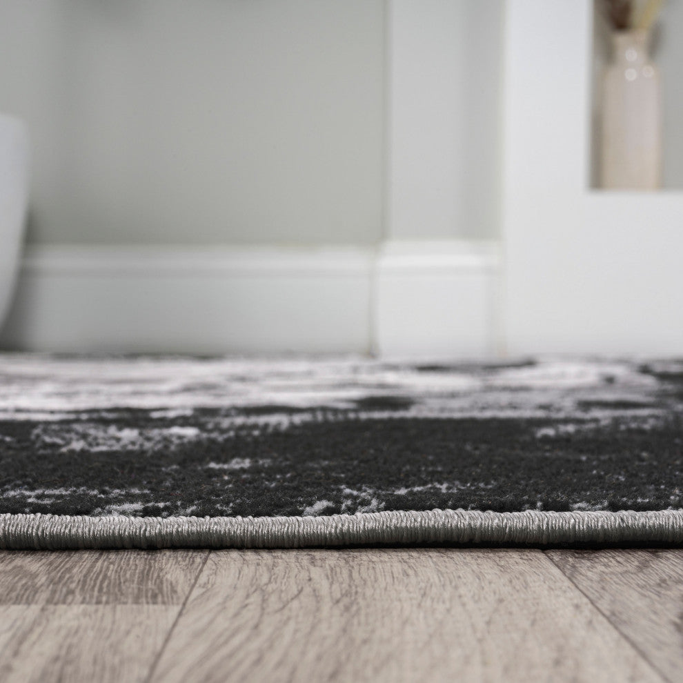 Swirl Marbled Abstract Area Rug, Black/Ivory, 8 X 10