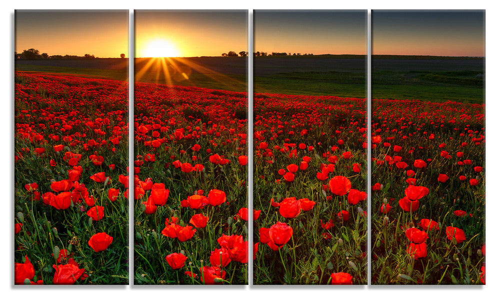 Sunset over Garden with Red Poppies, Floral Canvas Art Print, 48"x28", 4 Panels