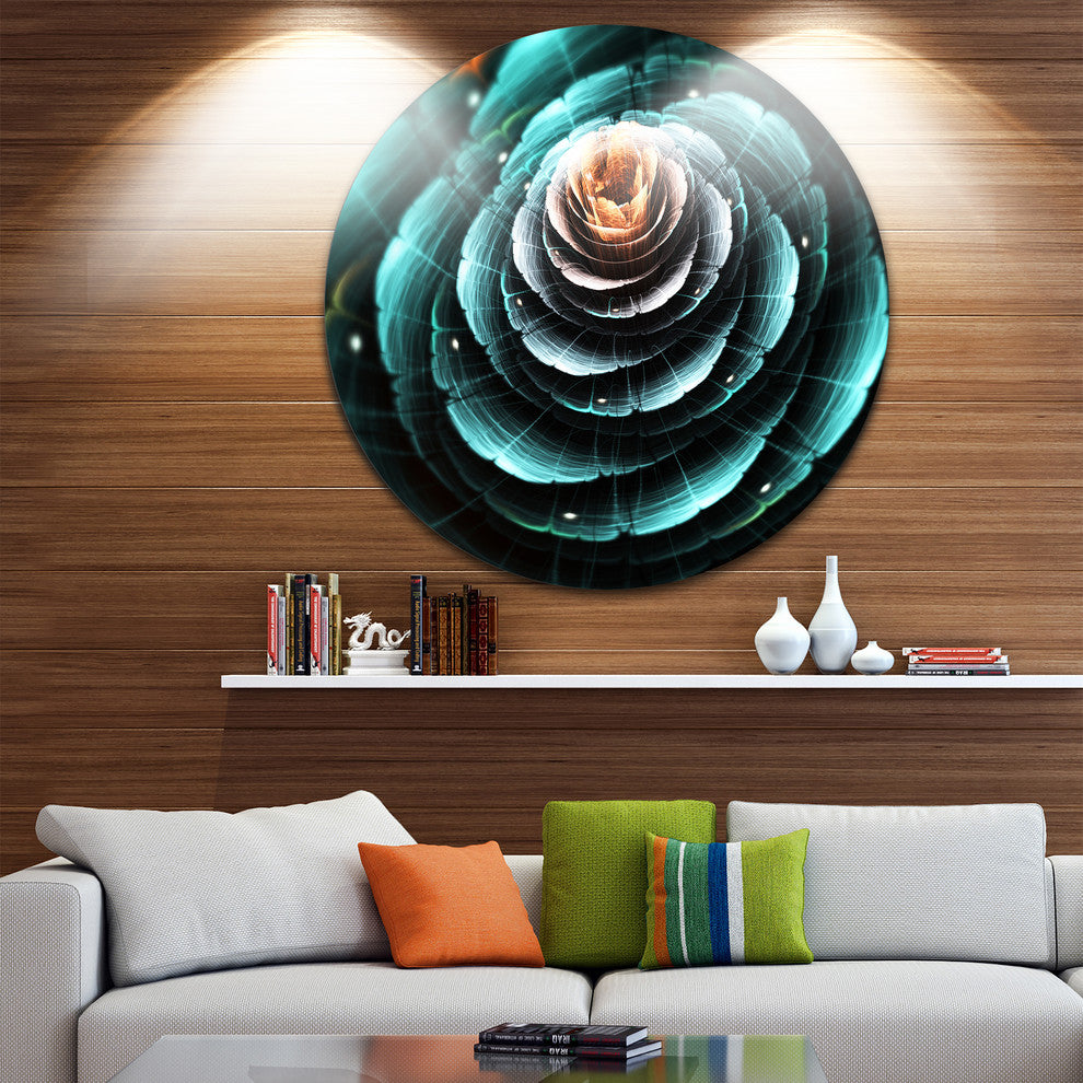 Fractal Flower Clear Turquoise Digital, Floral Disc Metal Wall Art, 23"