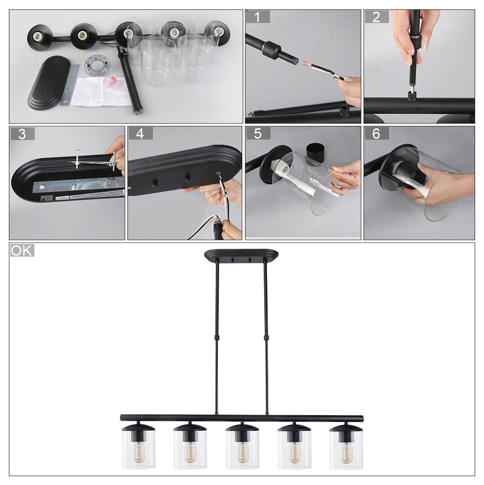 LALUZ 37" 5-Light Black and Clear Glass Modern Linear Pendant Lighting