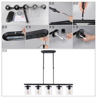 LALUZ 37" 5-Light Black and Clear Glass Modern Linear Pendant Lighting