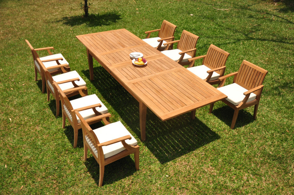 9-Piece Outdoor Teak Dining Set 122" X-Large Rectangle Table, 8 Lagos Arm Chairs