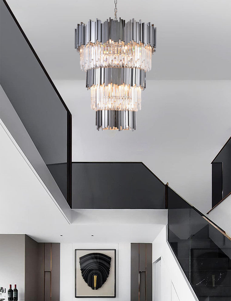 3-Tier Chrome Bar Rod Frame Chandelier, Clear Crystal Drops