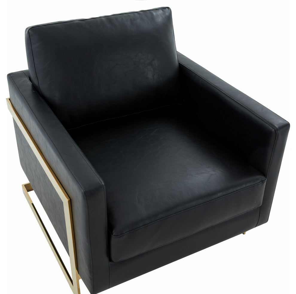 LeisureMod LA31BL-L Lincoln Black Leather Accent Armchair With Gold Frame