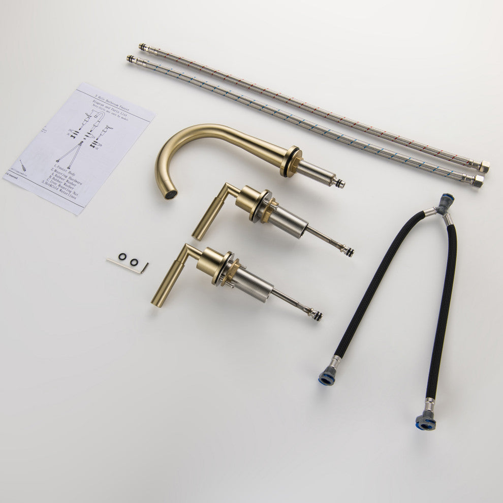 Deck Mounted Dual Handles High-Arc Widespread Bathroom Faucet, Brushed Gold