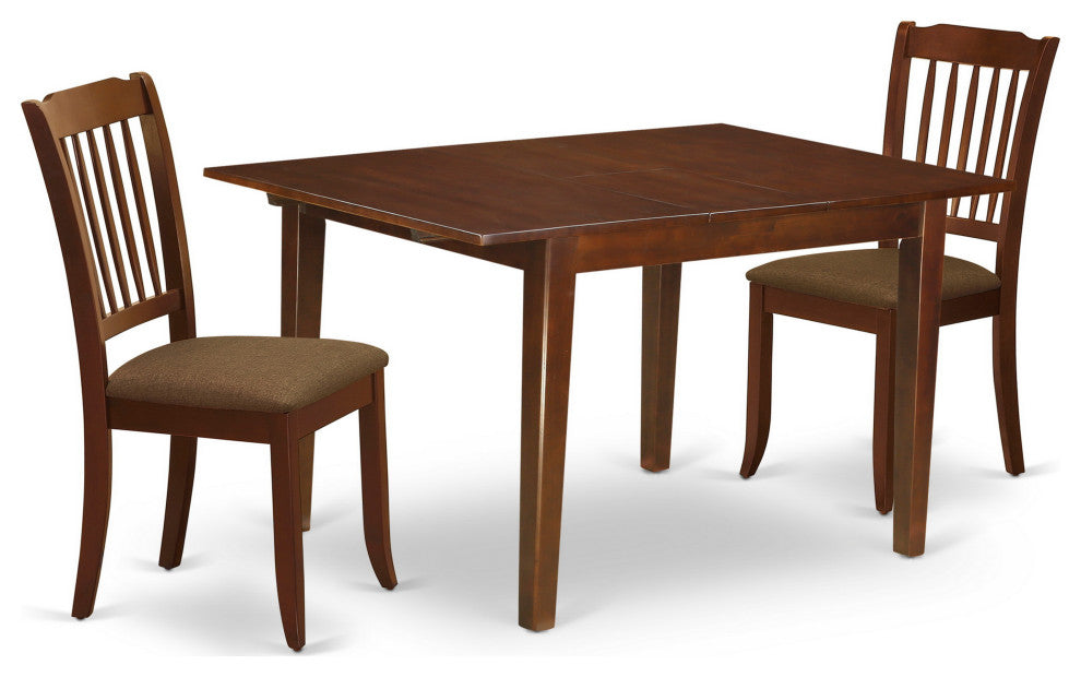 3Pc Dinette Set, Table, Two Vertical Slatted Linen Seat Dining Chairs, Mahogany