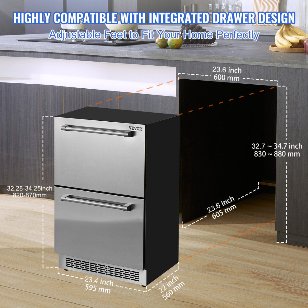 VEVOR Undercounter Refrigerator 24" Built-in 2 Drawer Refrigerator Fridge SUS