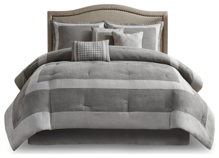 Madison Park Dax Microsuede Colorblock 7-Piece Comforter Set, Grey, Queen