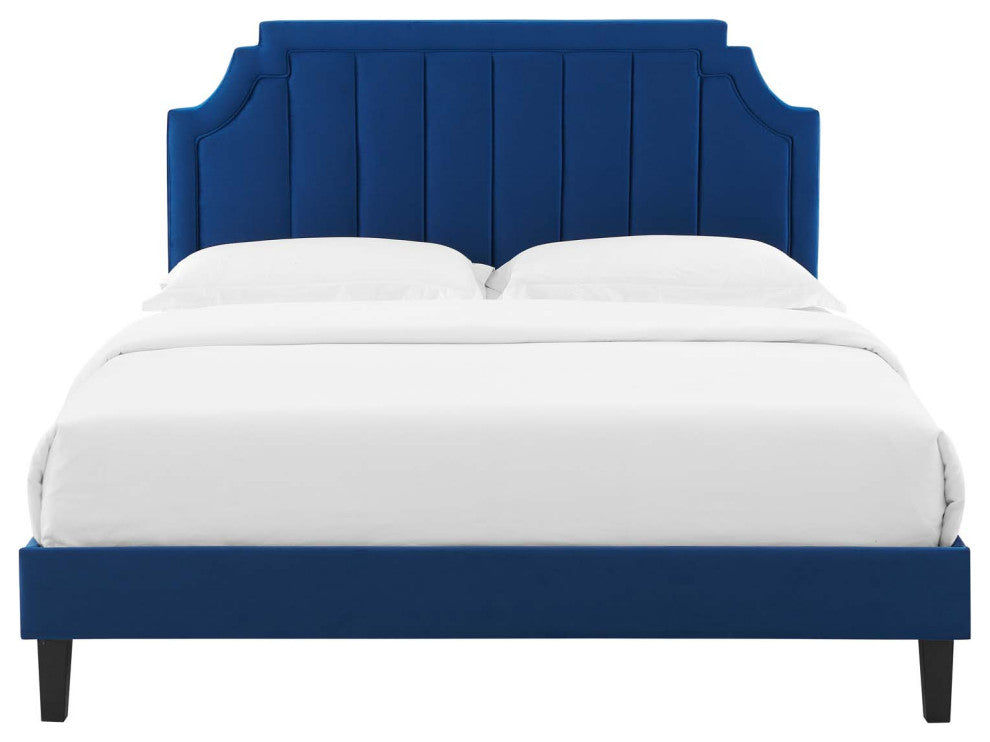 Platform Bed Frame, Full Size, Velvet, Blue Navy, Modern Contemporary, Bedroom