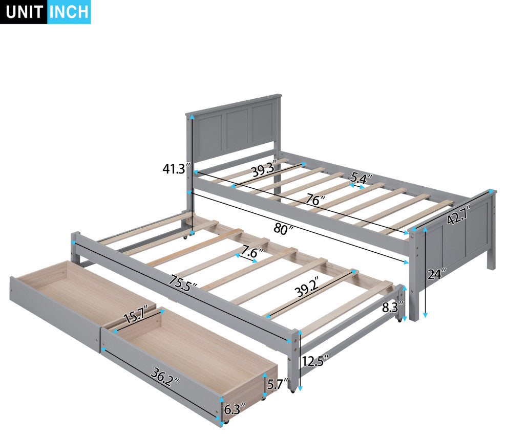 Gewnee Twin Size Platform Bed with Trundle and Drawers, Gray