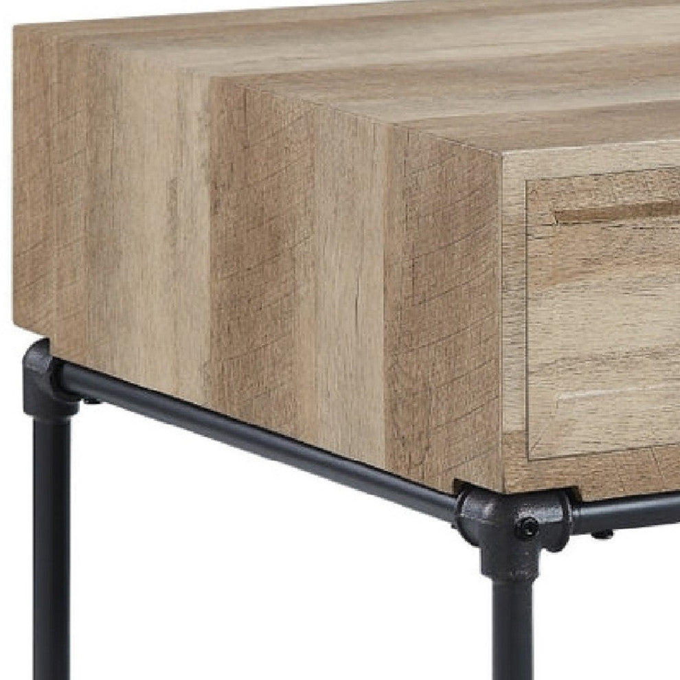Benzara BM276288 End Table, 1 Drawer, Industrial Design, Slatted Shelf, Oak
