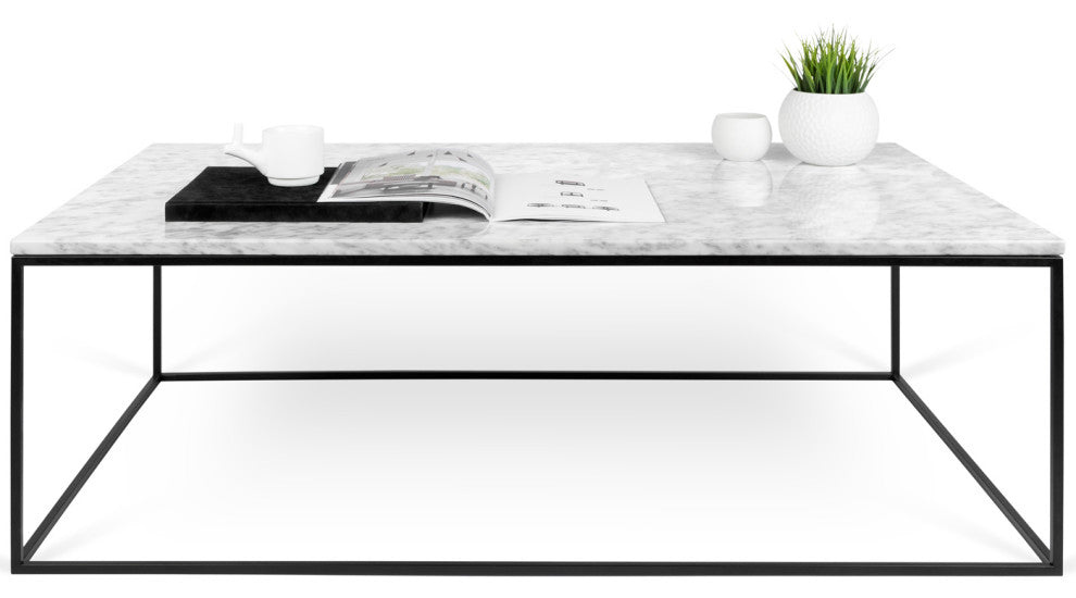 Modern Metal Rectangle Marble Top Coffee Table, White Marble/Black Base