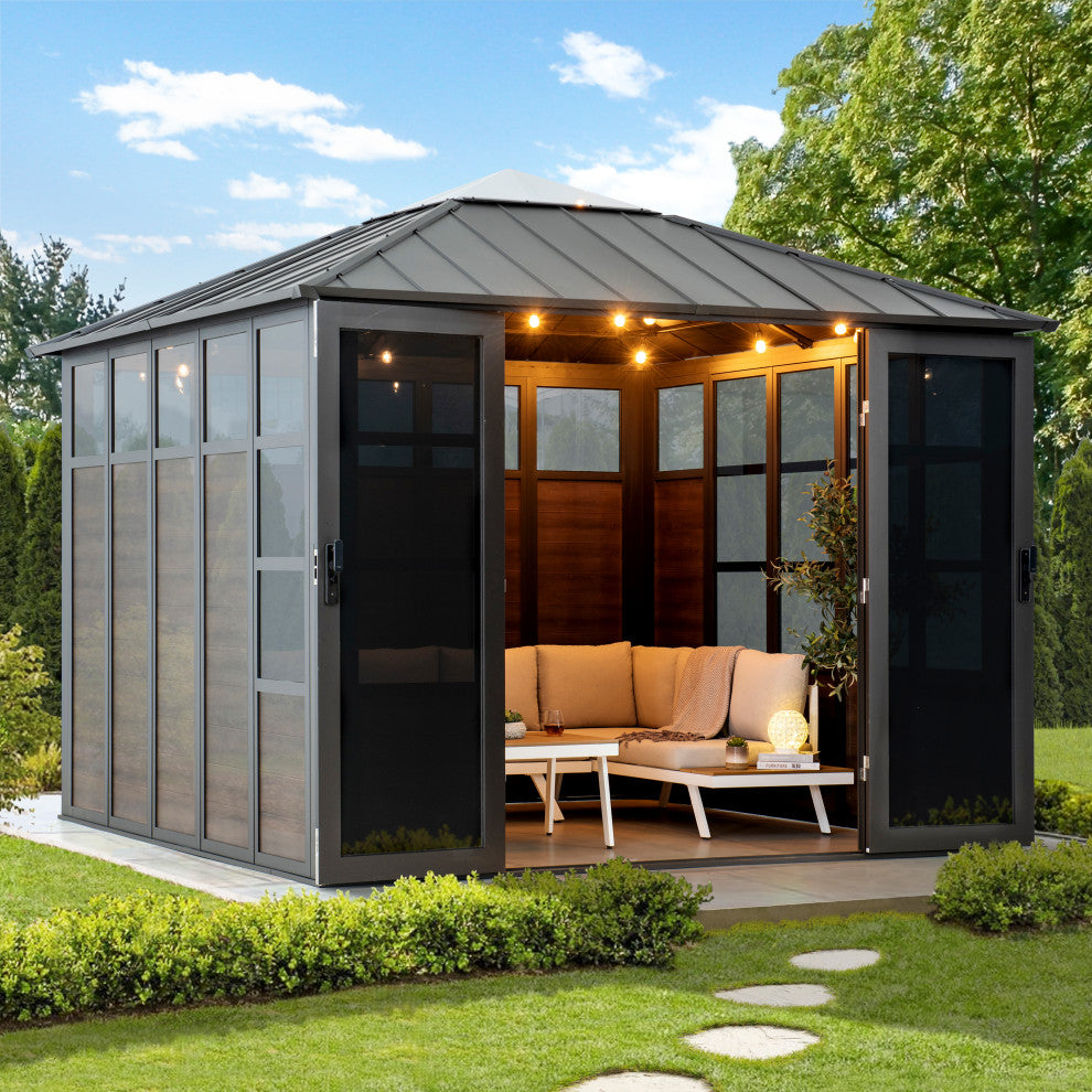 Sunjoy Outdoor Sunroom 11 ft. x 11 ft. Black Hardtop Gazebo/Hot Tub Shelter