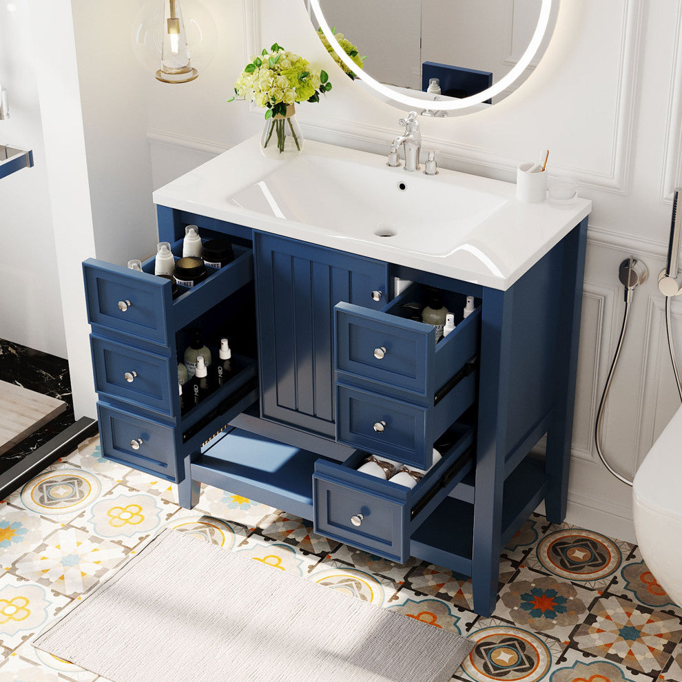 36 Inch Freestanding Bathroom Vanity Set in Blue with Drawers and Ceramic Sink, Blue