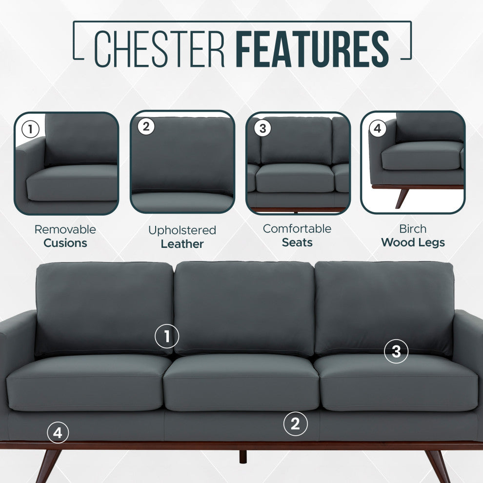 LeisureMod Chester Mid-Century 3-Seater Leather Modern Sofa, Gray