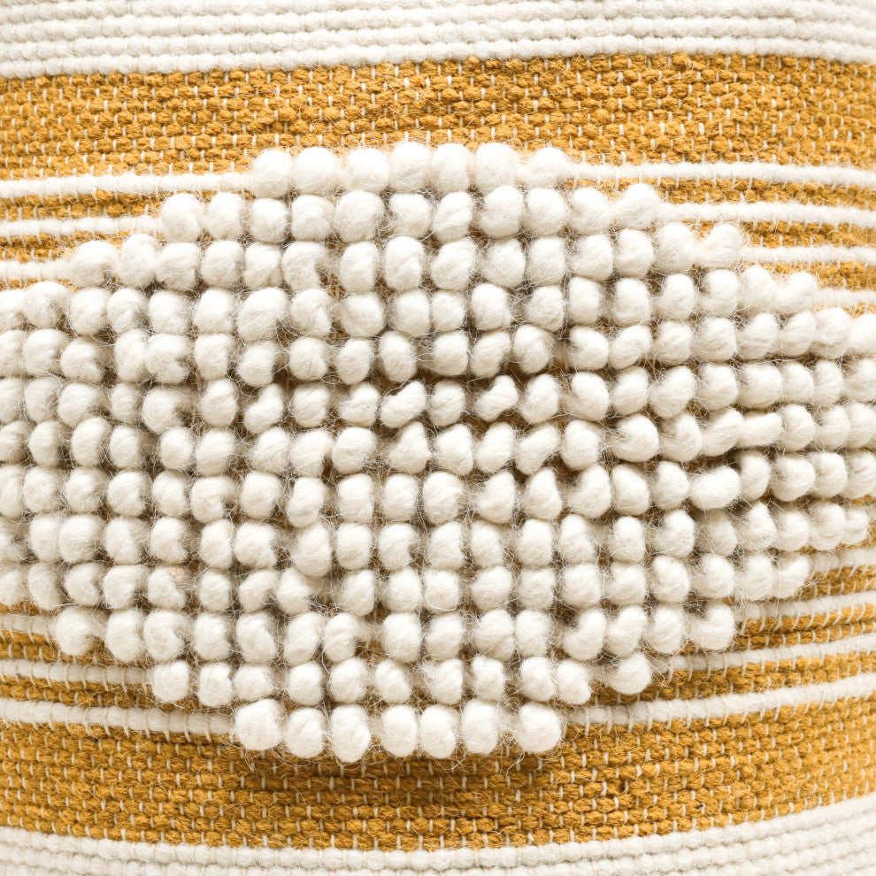 Villard Boho Handcrafted Fabric Cylinder Pouf, White + Mustard Yellow