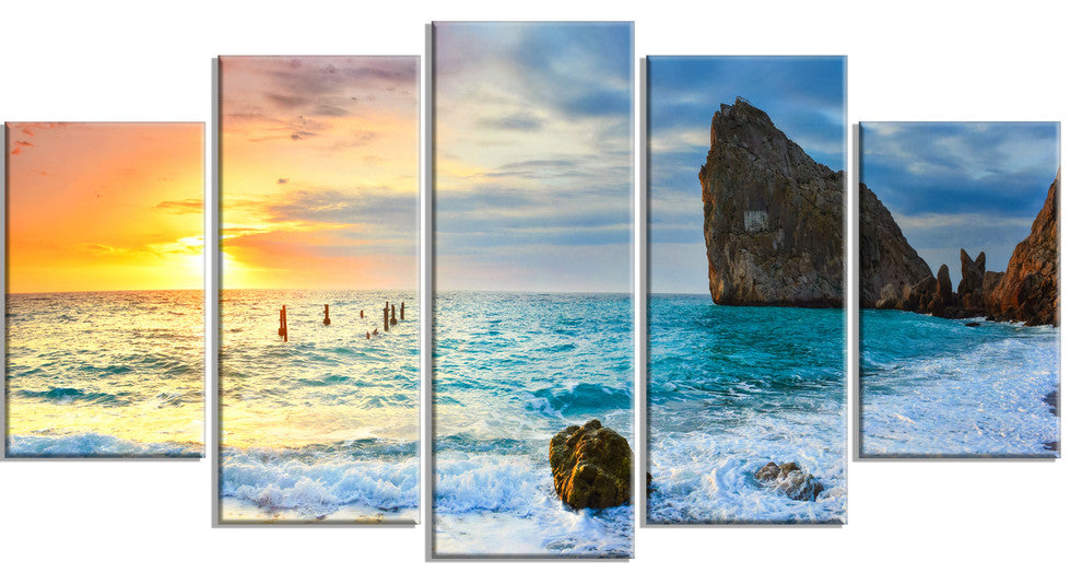 "Vibrant Morning Sea With Yellow Sun" Seashore Wall Art, 5 Panels, 60"x32"