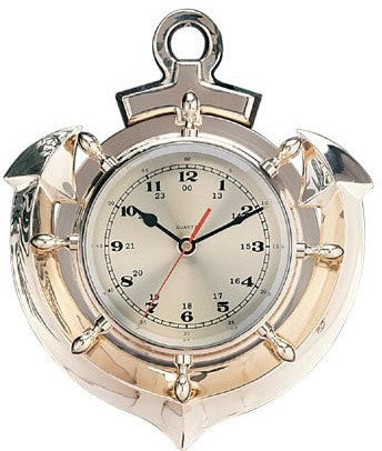 Polished Brass Anchor and Ship Wheel Quartz Clock