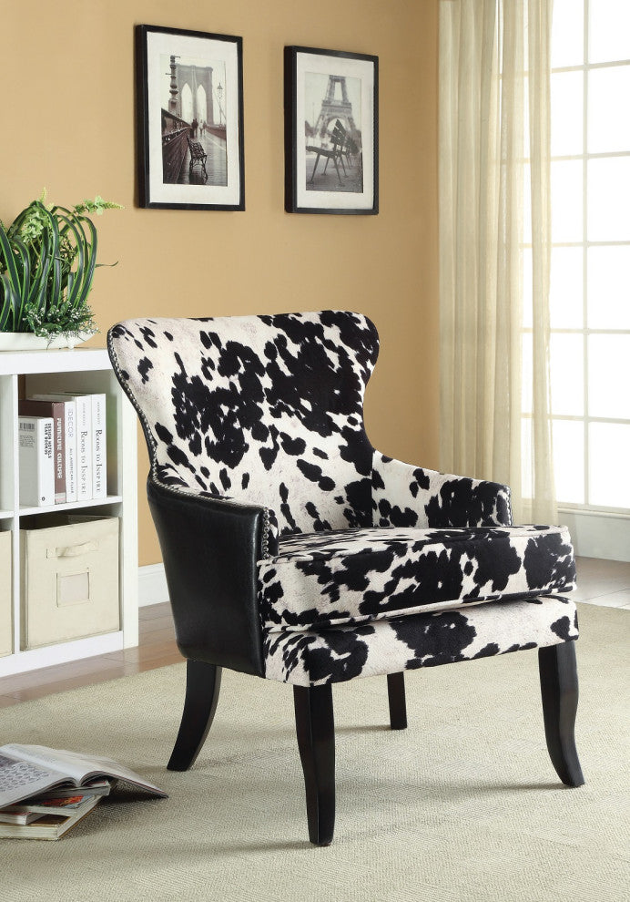 Cowhide Print Accent Chair With Nailhead Trim, Black and White