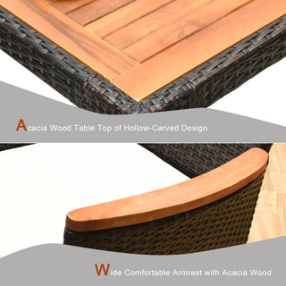 9PCS Patio Rattan Dining Set  8 Chairs Cushioned Acacia Table Top