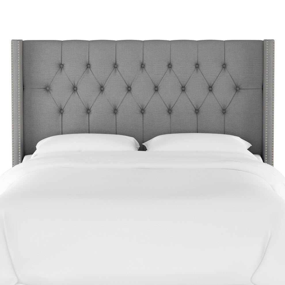 Monarch Queen Diamond Nailbutton Wingback Headboard, Linen Gray