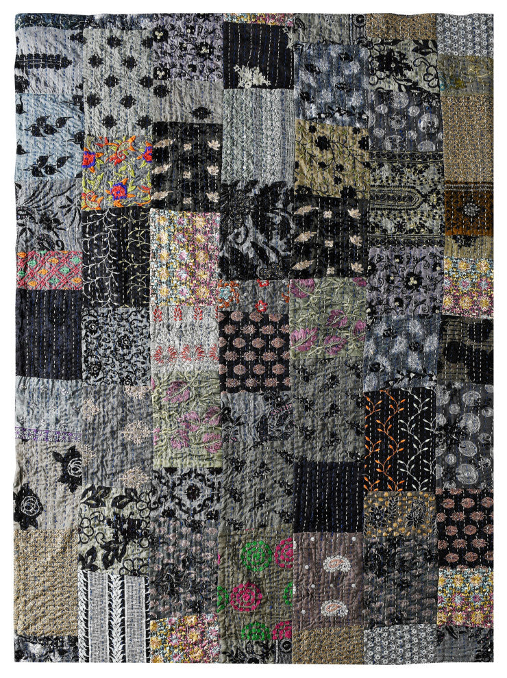 Gray Haze Quilted Boho Kantha Throw Blanket, 50" x 70"