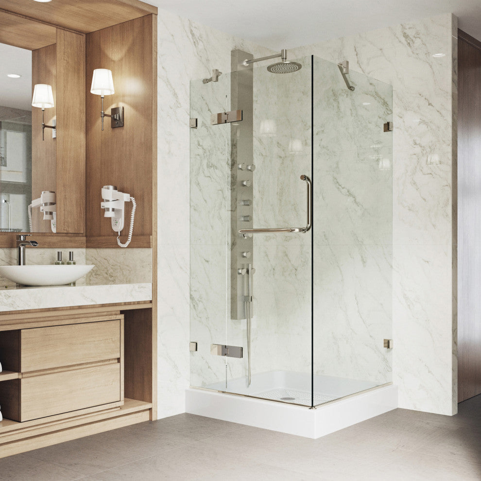 VIGO Monteray 36"D x 36"W x 79"H Frameless Hinged Shower Enclosure, Brushed Nickel, With Base