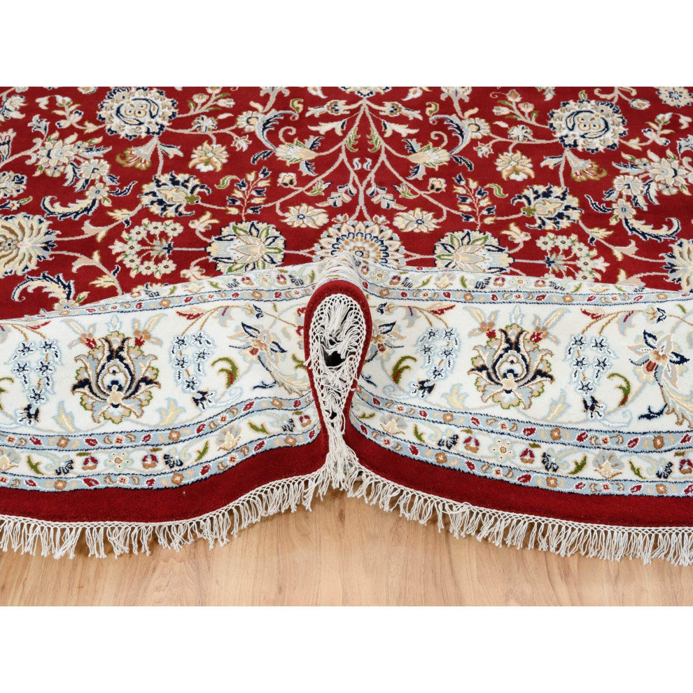 Cherry Red, Hand Knotted Nain, 250 KPSI Wool and Silk Round Rug, 9'1"x9'1"