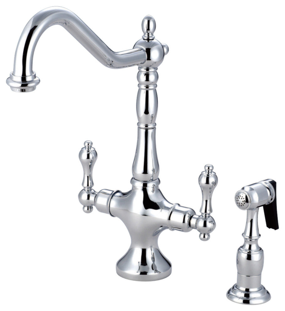 Kingston Brass 2-Handle Kitchen Faucet With Brass Sprayer, Polished Chrome